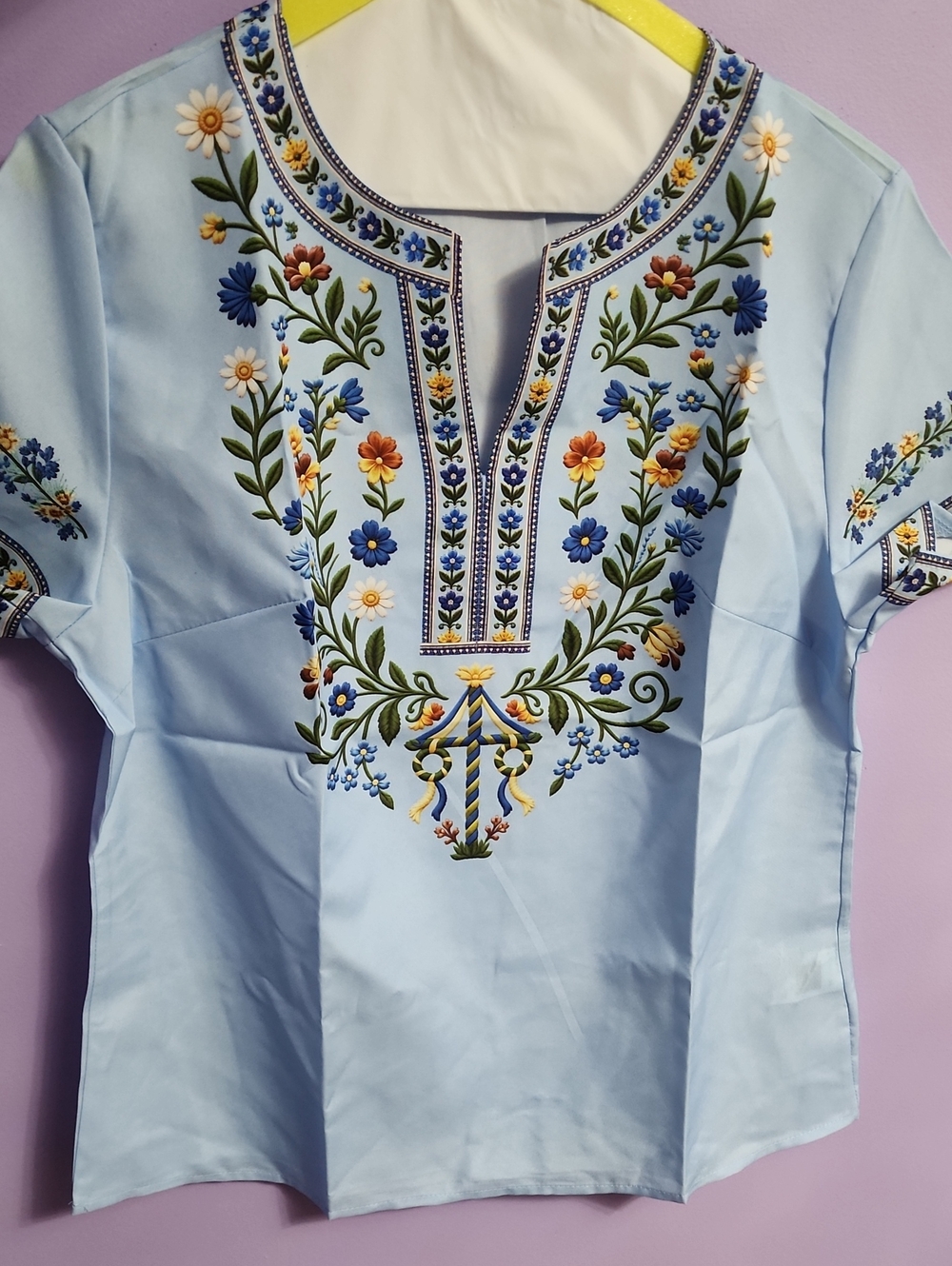 Light Blue Embroidered Floral Split-Neck Women's Top